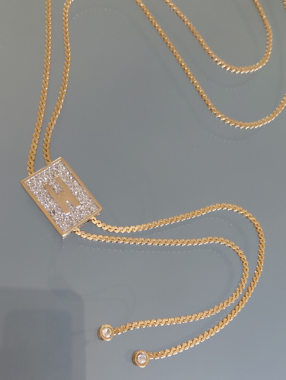 Vintage PANETTA Gold Tone Crystal W Slider Lariat Necklace 35"